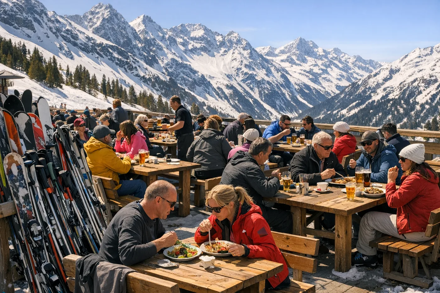 Slunná terasa před horskou restaurací v Alpách