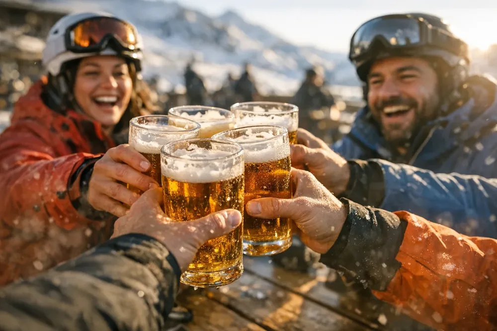 Přípitek na sluncem zalité terase après-ski
